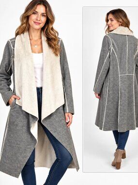 Anthropologie Amadi Camilla Gray Sueded Sherpa Duster Coat Boho Chic Longline L